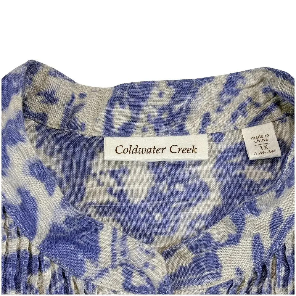 Coldwater Creek Linen Paisley Tunic Women 1X Blue White Pintuck Coastal